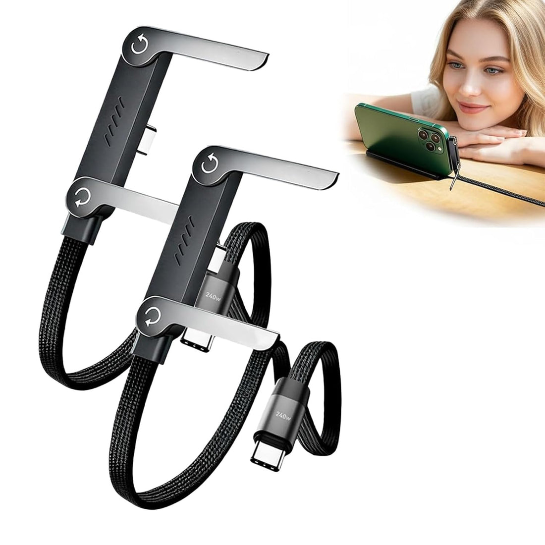 240W Type C Charging Cable with Built-in Phone Stand