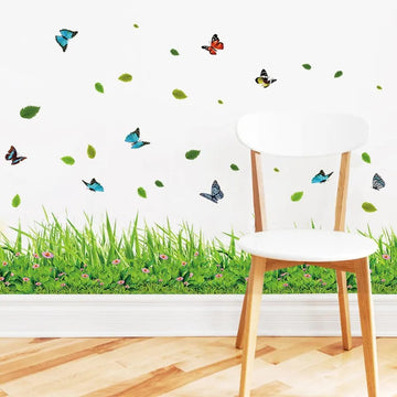 3D Fresh Green Plant Removable Green Grass PVC Wall Stickers With Flying Butterfly Home Decor Kids Room Bathroom Mural Kitchen