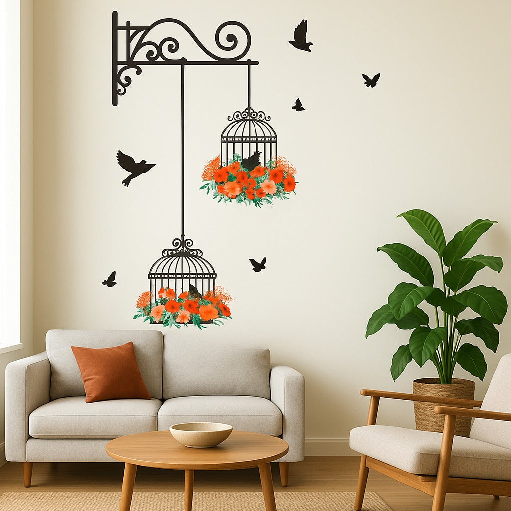 Creative Home Decor Living Room Decals Wallpaper Bedroom Nursery Window Decor Colorful Flower Birdcage Flying Birds Wall Sticker