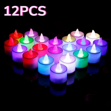 Pack of 12 pcs Realistic Flameless LED Candles with Flickering Flame Effect – Multi-Color