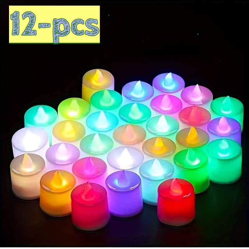 Pack of 12 pcs Realistic Flameless LED Candles with Flickering Flame Effect – Multi-Color